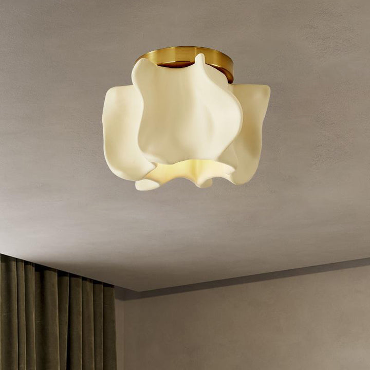 Traditional Japanese Curved Flower Disc Base Resin Metal 1-Light Semi-Flush Mount Ceiling Light For Living Room