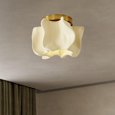 Traditional Japanese Curved Flower Disc Base Resin Metal 1-Light Semi-Flush Mount Ceiling Light For Living Room