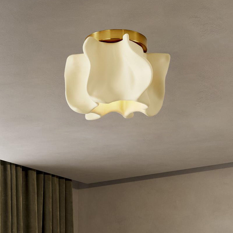 Traditional Japanese Curved Flower Disc Base Resin Metal 1-Light Semi-Flush Mount Ceiling Light For Living Room