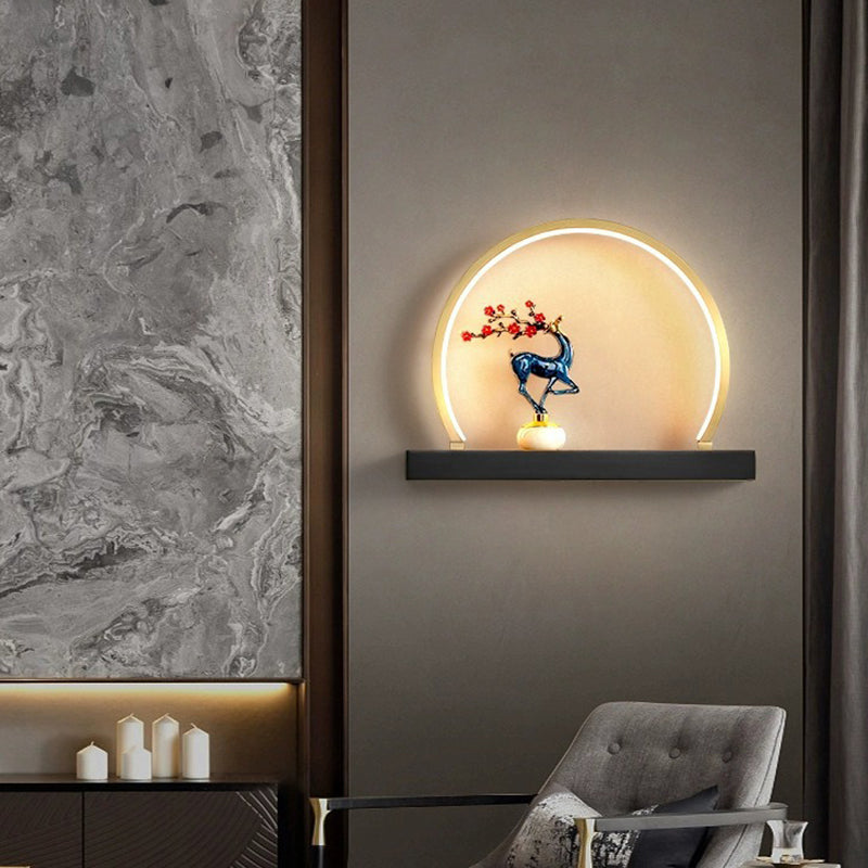 Traditional Chinese Plum Blossom Deer Welcome Pine Semicircle Copper Jade Silicon LED Wall Sconce Lamp For Bedroom