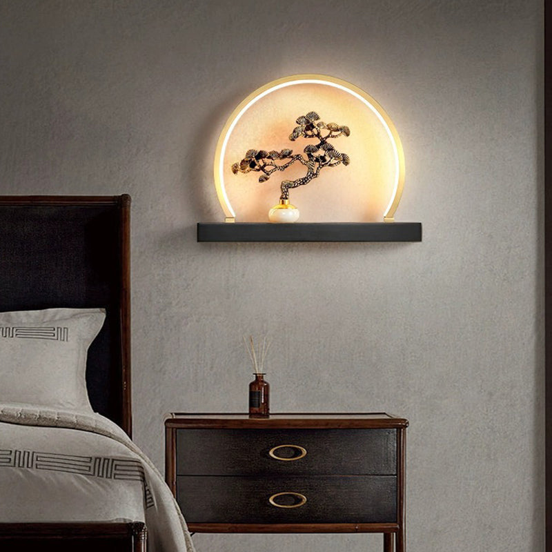 Traditional Chinese Plum Blossom Deer Welcome Pine Semicircle Copper Jade Silicon LED Wall Sconce Lamp For Bedroom