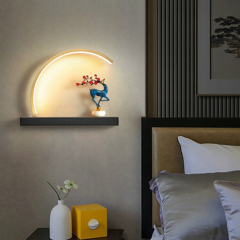 Traditional Chinese Plum Blossom Deer Welcome Pine Semicircle Copper Jade Silicon LED Wall Sconce Lamp For Bedroom