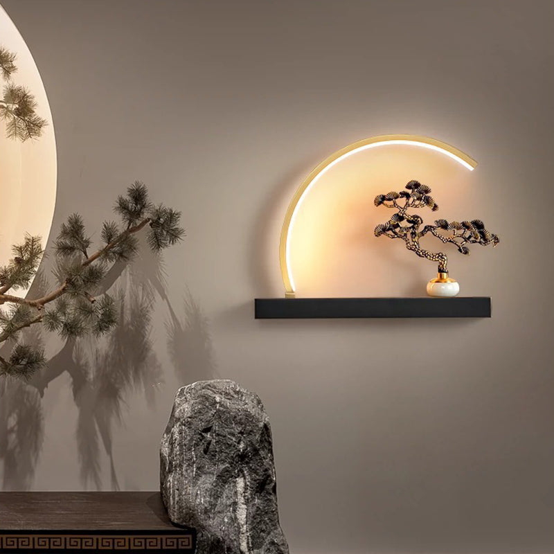 Traditional Chinese Plum Blossom Deer Welcome Pine Semicircle Copper Jade Silicon LED Wall Sconce Lamp For Bedroom
