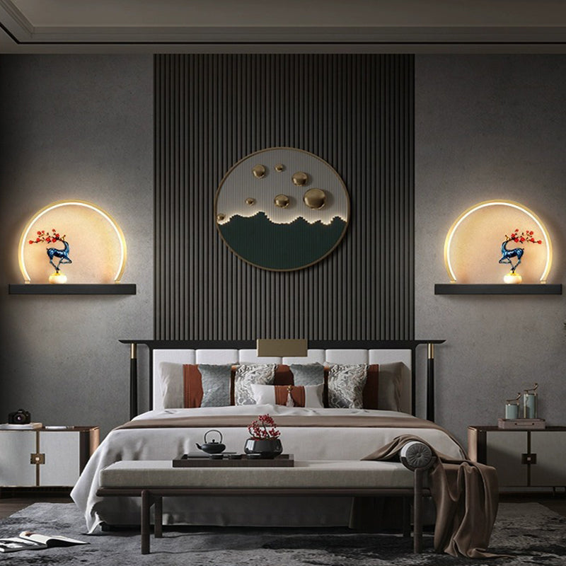 Traditional Chinese Plum Blossom Deer Welcome Pine Semicircle Copper Jade Silicon LED Wall Sconce Lamp For Bedroom