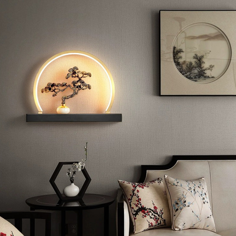 Traditional Chinese Plum Blossom Deer Welcome Pine Semicircle Copper Jade Silicon LED Wall Sconce Lamp For Bedroom