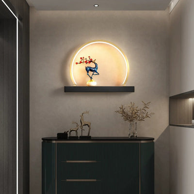 Traditional Chinese Plum Blossom Deer Welcome Pine Semicircle Copper Jade Silicon LED Wall Sconce Lamp For Bedroom
