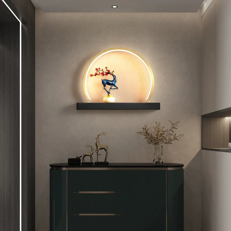 Traditional Chinese Plum Blossom Deer Welcome Pine Semicircle Copper Jade Silicon LED Wall Sconce Lamp For Bedroom
