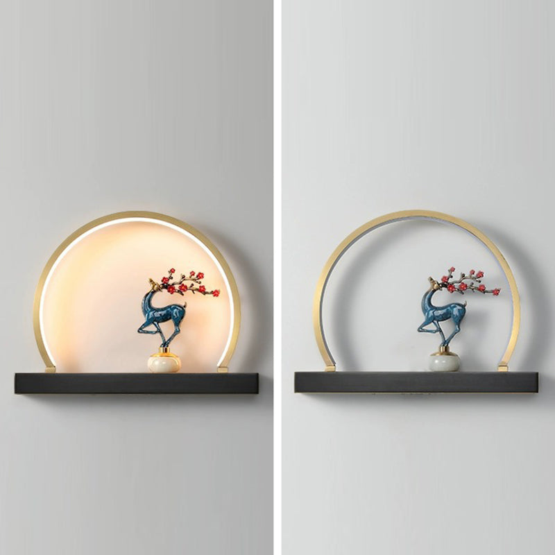 Traditional Chinese Plum Blossom Deer Welcome Pine Semicircle Copper Jade Silicon LED Wall Sconce Lamp For Bedroom