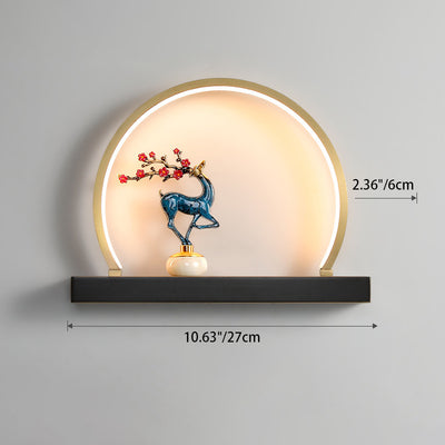 Traditional Chinese Plum Blossom Deer Welcome Pine Semicircle Copper Jade Silicon LED Wall Sconce Lamp For Bedroom