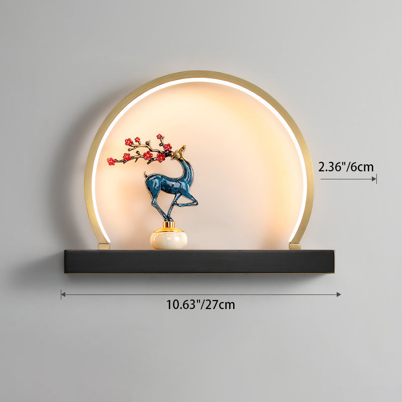 Traditional Chinese Plum Blossom Deer Welcome Pine Semicircle Copper Jade Silicon LED Wall Sconce Lamp For Bedroom