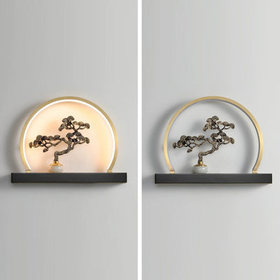 Traditional Chinese Plum Blossom Deer Welcome Pine Semicircle Copper Jade Silicon LED Wall Sconce Lamp For Bedroom