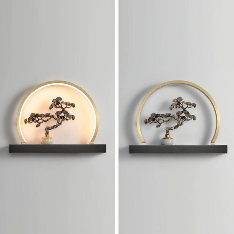 Traditional Chinese Plum Blossom Deer Welcome Pine Semicircle Copper Jade Silicon LED Wall Sconce Lamp For Bedroom
