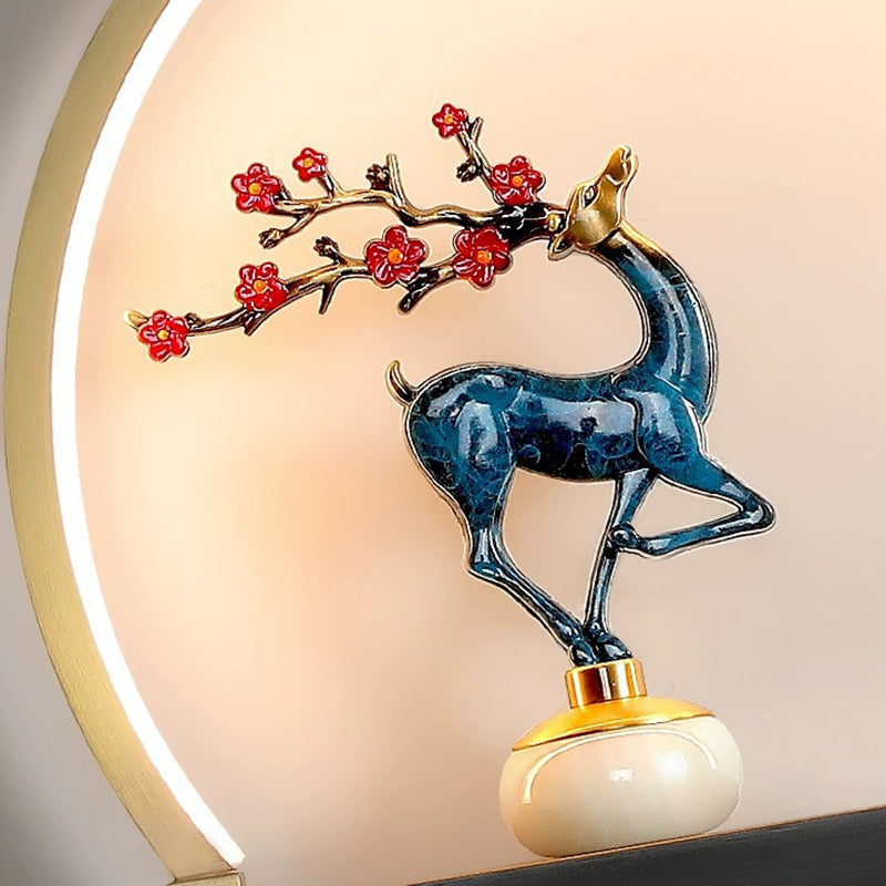 Traditional Chinese Plum Blossom Deer Welcome Pine Semicircle Copper Jade Silicon LED Wall Sconce Lamp For Bedroom