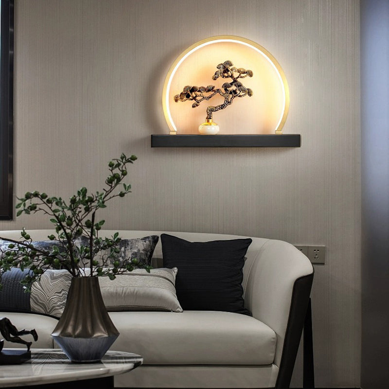 Traditional Chinese Plum Blossom Deer Welcome Pine Semicircle Copper Jade Silicon LED Wall Sconce Lamp For Bedroom