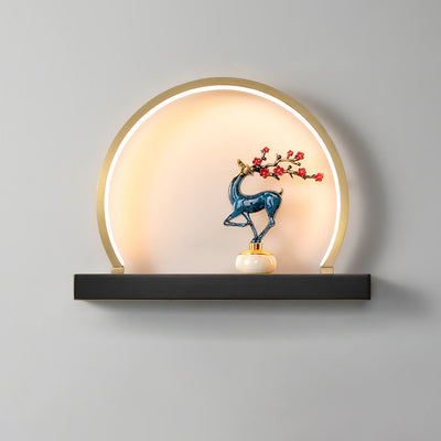 Traditional Chinese Plum Blossom Deer Welcome Pine Semicircle Copper Jade Silicon LED Wall Sconce Lamp For Bedroom