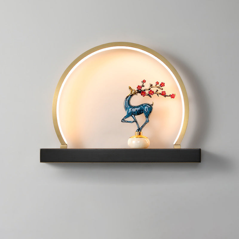Traditional Chinese Plum Blossom Deer Welcome Pine Semicircle Copper Jade Silicon LED Wall Sconce Lamp For Bedroom