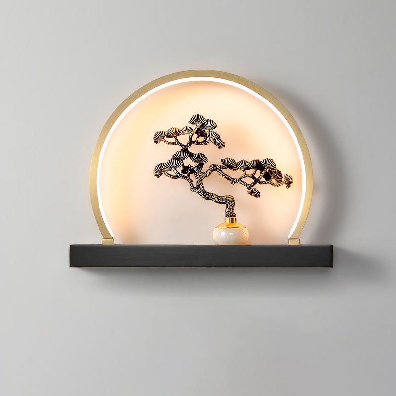 Traditional Chinese Plum Blossom Deer Welcome Pine Semicircle Copper Jade Silicon LED Wall Sconce Lamp For Bedroom
