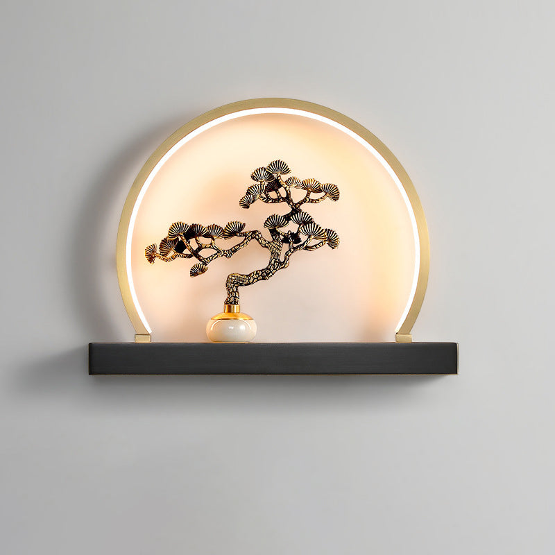 Traditional Chinese Plum Blossom Deer Welcome Pine Semicircle Copper Jade Silicon LED Wall Sconce Lamp For Bedroom