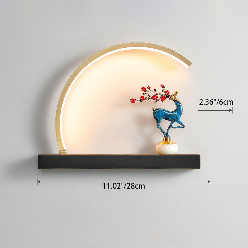 Traditional Chinese Plum Blossom Deer Welcome Pine Semicircle Copper Jade Silicon LED Wall Sconce Lamp For Bedroom