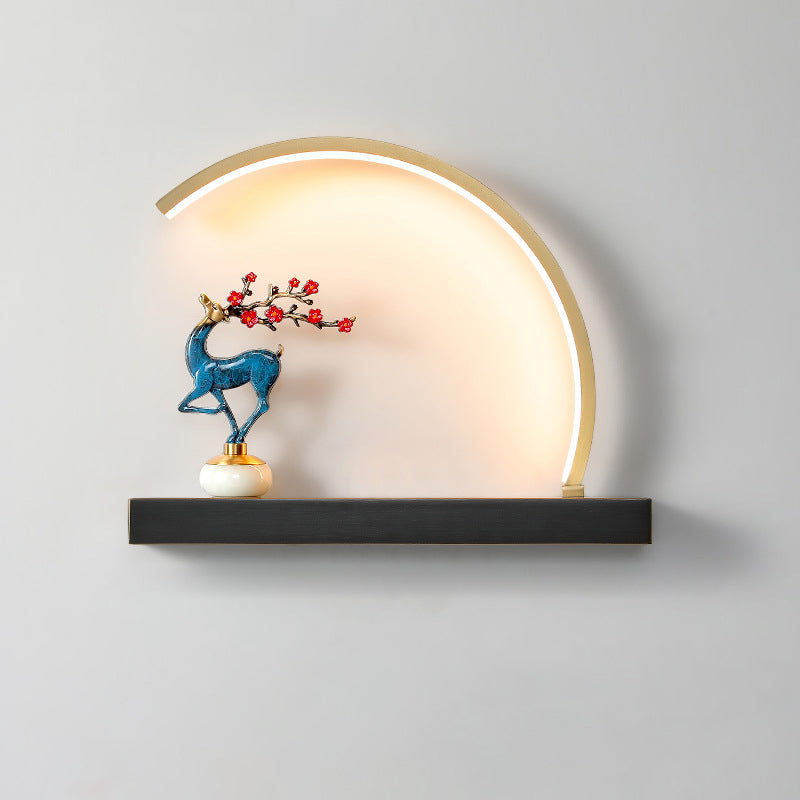 Traditional Chinese Plum Blossom Deer Welcome Pine Semicircle Copper Jade Silicon LED Wall Sconce Lamp For Bedroom