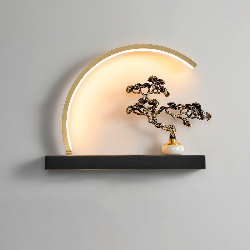 Traditional Chinese Plum Blossom Deer Welcome Pine Semicircle Copper Jade Silicon LED Wall Sconce Lamp For Bedroom