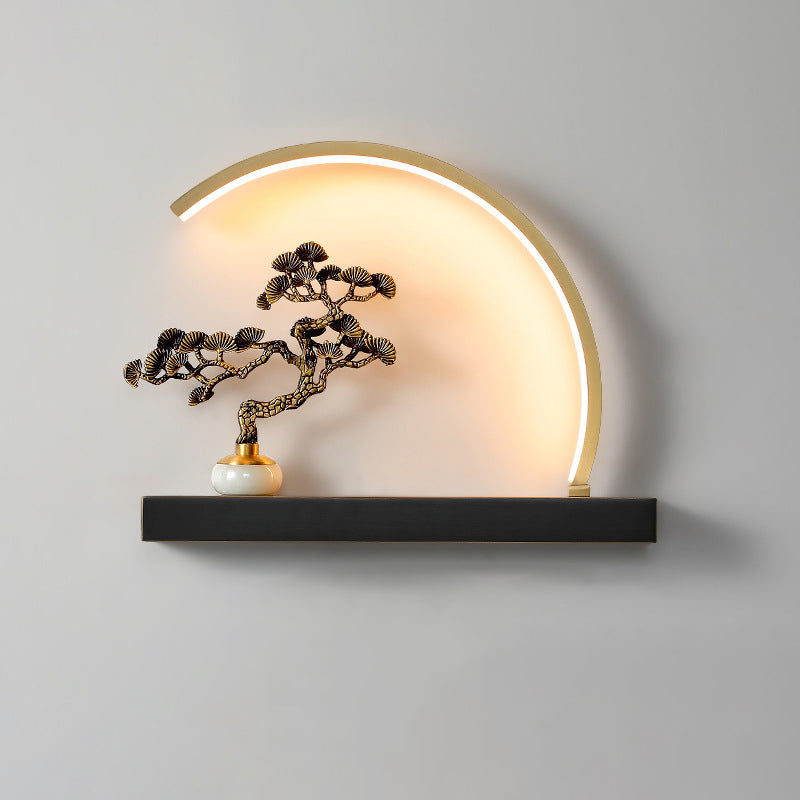 Traditional Chinese Plum Blossom Deer Welcome Pine Semicircle Copper Jade Silicon LED Wall Sconce Lamp For Bedroom