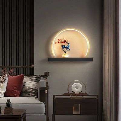 Traditional Chinese Plum Blossom Deer Welcome Pine Semicircle Copper Jade Silicon LED Wall Sconce Lamp For Bedroom