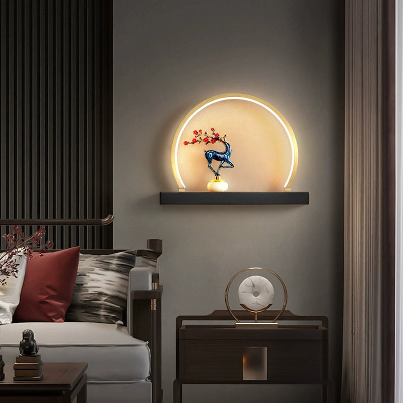 Traditional Chinese Plum Blossom Deer Welcome Pine Semicircle Copper Jade Silicon LED Wall Sconce Lamp For Bedroom