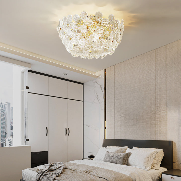 Traditional French Semicircle Round Flower Brass Glass 4-Light Flush Mount Ceiling Light For Living Room