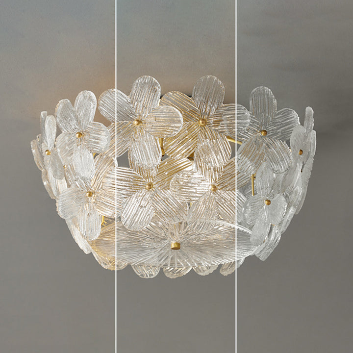Traditional French Semicircle Round Flower Brass Glass 4-Light Flush Mount Ceiling Light For Living Room