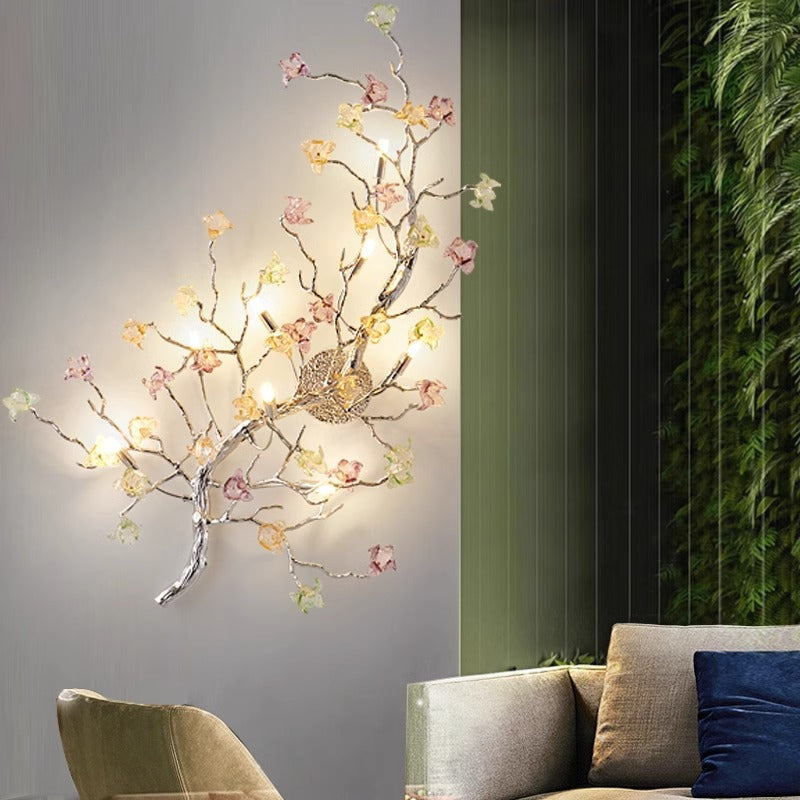 Applique murale à 8 lumières en verre et aluminium avec base en disque rose pour salon, branches modernes et luxueuses 