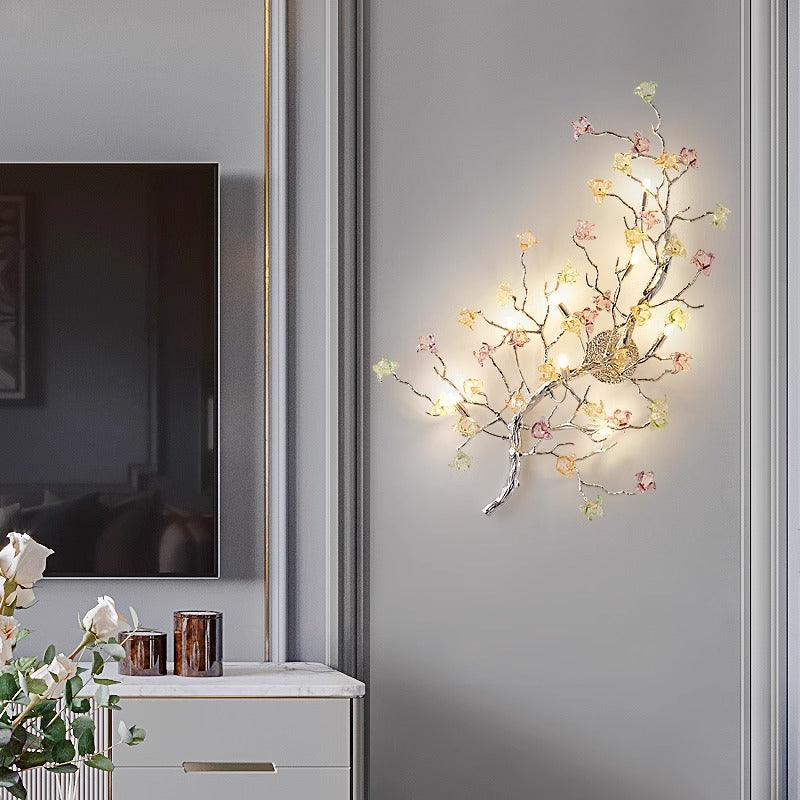 Applique murale à 8 lumières en verre et aluminium avec base en disque rose pour salon, branches modernes et luxueuses 