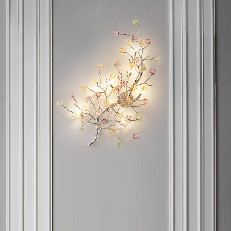 Applique murale à 8 lumières en verre et aluminium avec base en disque rose pour salon, branches modernes et luxueuses 