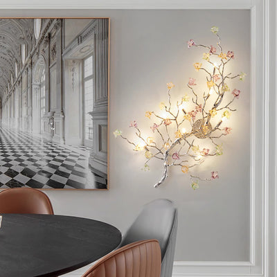Applique murale à 8 lumières en verre et aluminium avec base en disque rose pour salon, branches modernes et luxueuses 