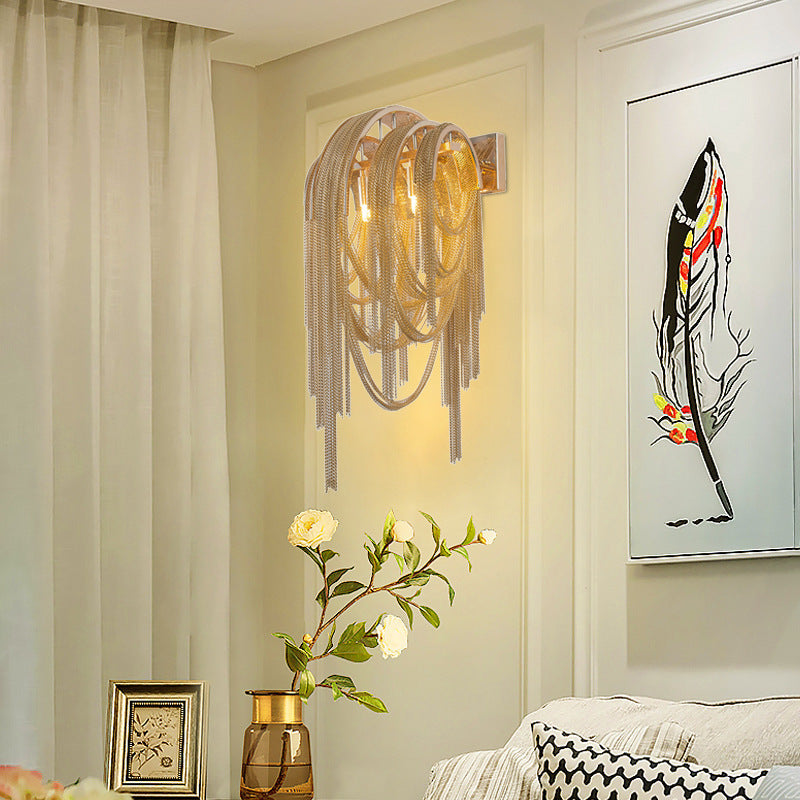 Contemporary Scandinavian Bar Ring Tassel Rectangular Base Iron Aluminum 2-Light Wall Sconce Lamp For Living Room