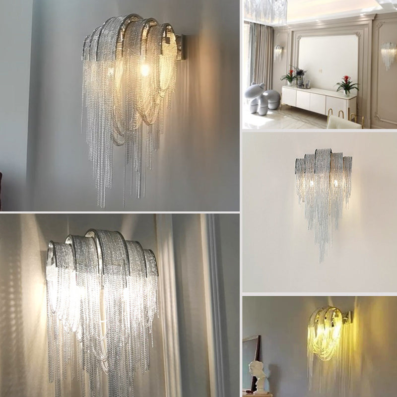 Contemporary Scandinavian Bar Ring Tassel Rectangular Base Iron Aluminum 2-Light Wall Sconce Lamp For Living Room