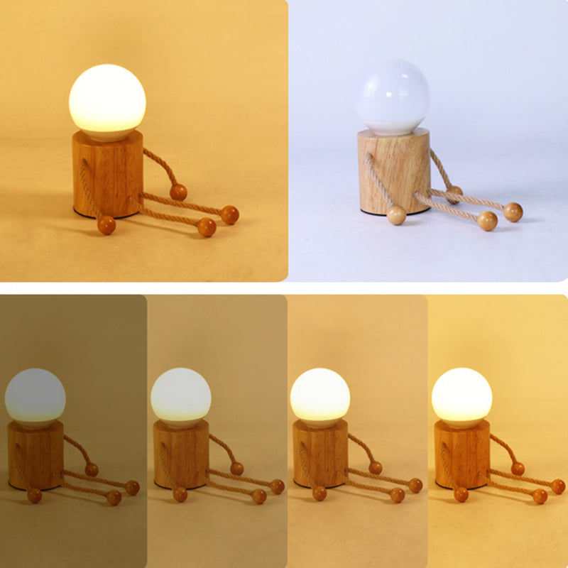Contemporary Creative Wooden Man Cylinder Ball Wood Sisal Acrylic LED Table Lamp For Bedroom