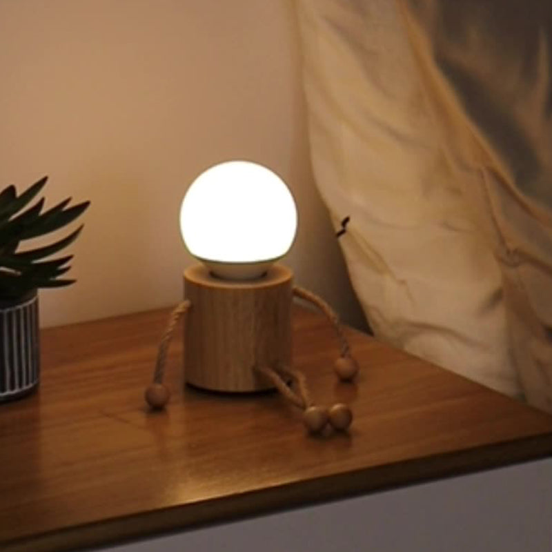 Lámpara de mesa contemporánea creativa de madera hombre cilindro bola madera sisal acrílico LED para dormitorio 