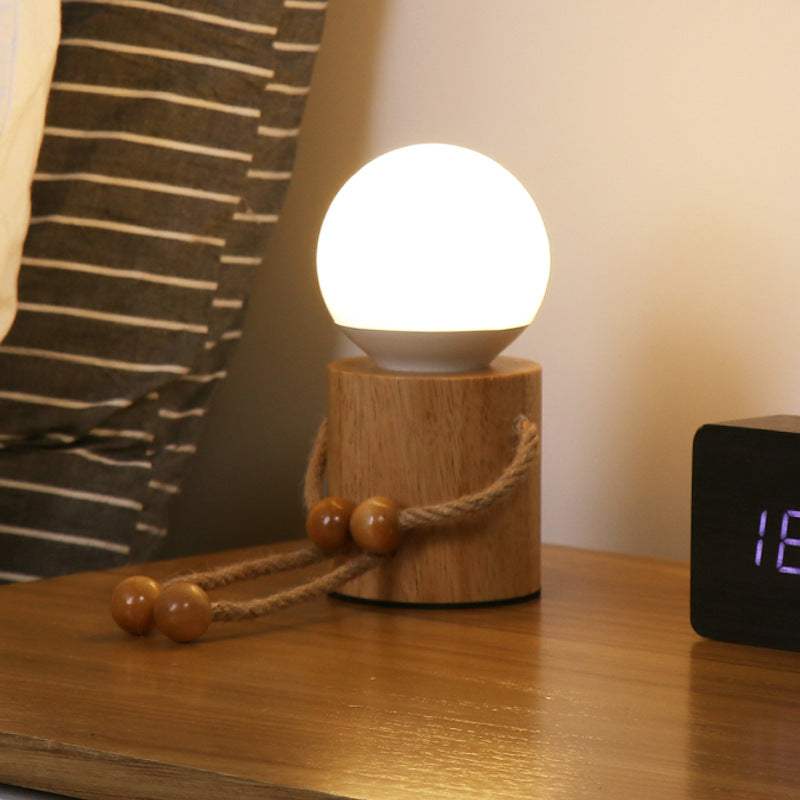 Lámpara de mesa contemporánea creativa de madera hombre cilindro bola madera sisal acrílico LED para dormitorio 