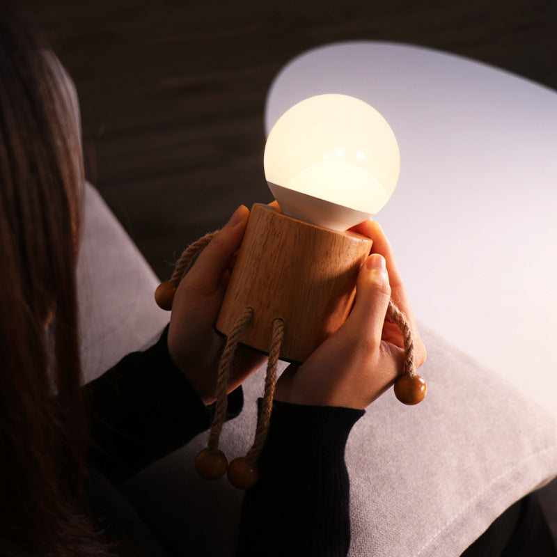Lámpara de mesa contemporánea creativa de madera hombre cilindro bola madera sisal acrílico LED para dormitorio 