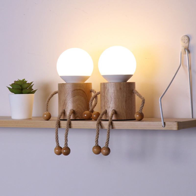 Lámpara de mesa contemporánea creativa de madera hombre cilindro bola madera sisal acrílico LED para dormitorio 