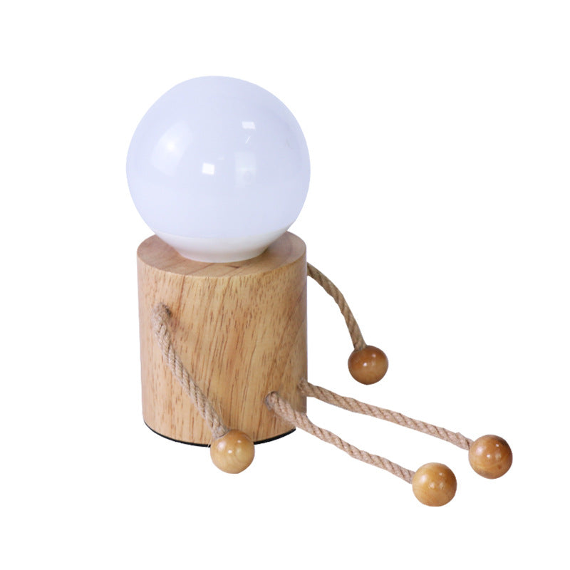 Lámpara de mesa contemporánea creativa de madera hombre cilindro bola madera sisal acrílico LED para dormitorio 