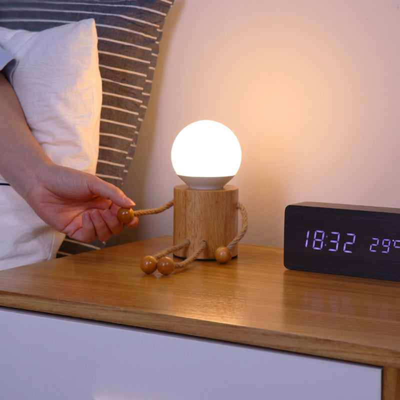 Lámpara de mesa contemporánea creativa de madera hombre cilindro bola madera sisal acrílico LED para dormitorio 