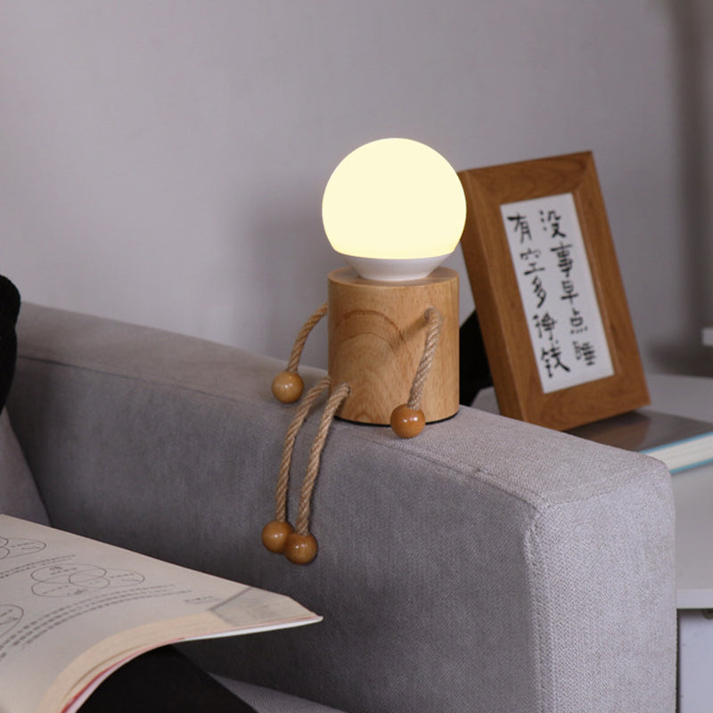 Contemporary Creative Wooden Man Cylinder Ball Wood Sisal Acrylic LED Table Lamp For Bedroom