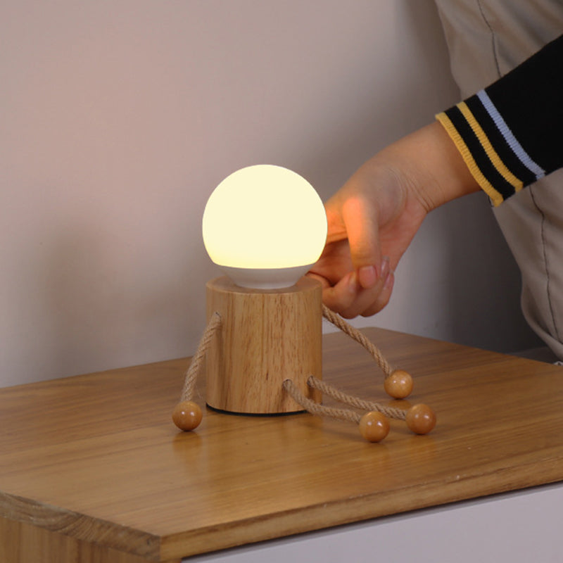 Lámpara de mesa contemporánea creativa de madera hombre cilindro bola madera sisal acrílico LED para dormitorio 