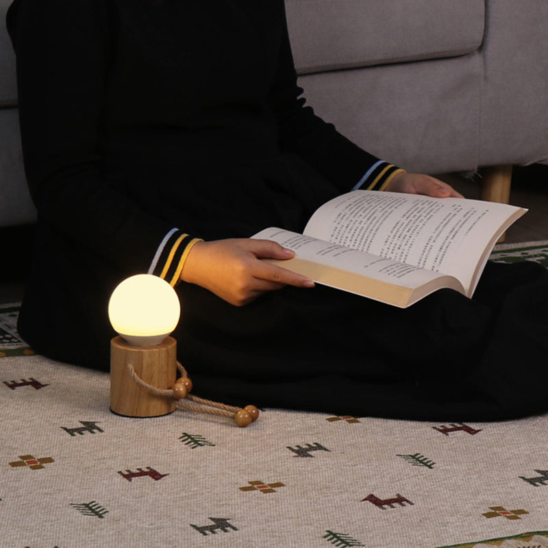 Lámpara de mesa contemporánea creativa de madera hombre cilindro bola madera sisal acrílico LED para dormitorio 