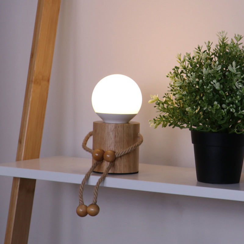 Lámpara de mesa contemporánea creativa de madera hombre cilindro bola madera sisal acrílico LED para dormitorio 