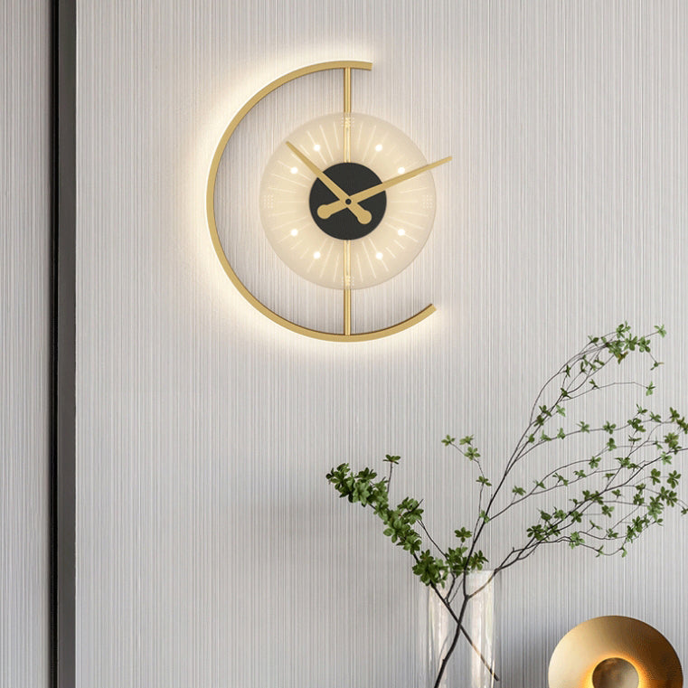 Contemporary Scandinavian Clock Semicircle Iron Acrylic LED Wall Sconce Lamp For Bedroom