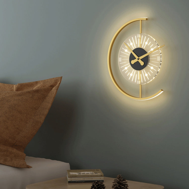 Contemporary Scandinavian Clock Semicircle Iron Acrylic LED Wall Sconce Lamp For Bedroom