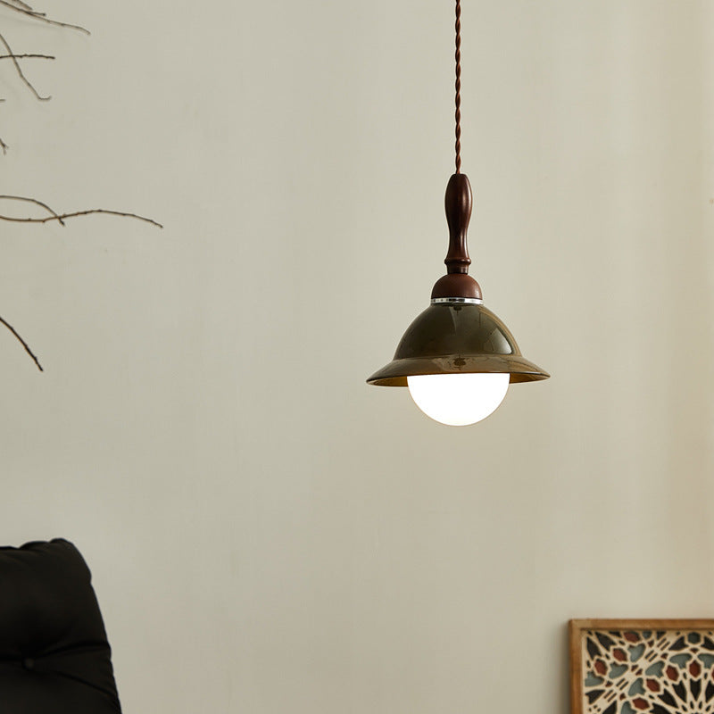Traditionelle Vintage halbkugelförmige ovale hölzerne Keramik 1-Licht Pendelleuchte für das Wohnzimmer 